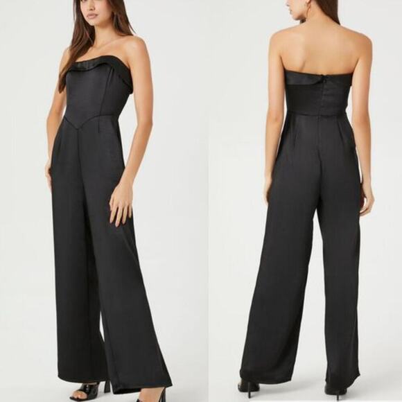 NEW Forever 21+ Satin Foldover Strapless‎ Jumpsuit 3X Plus Black NWT - Picture 2 of 10
